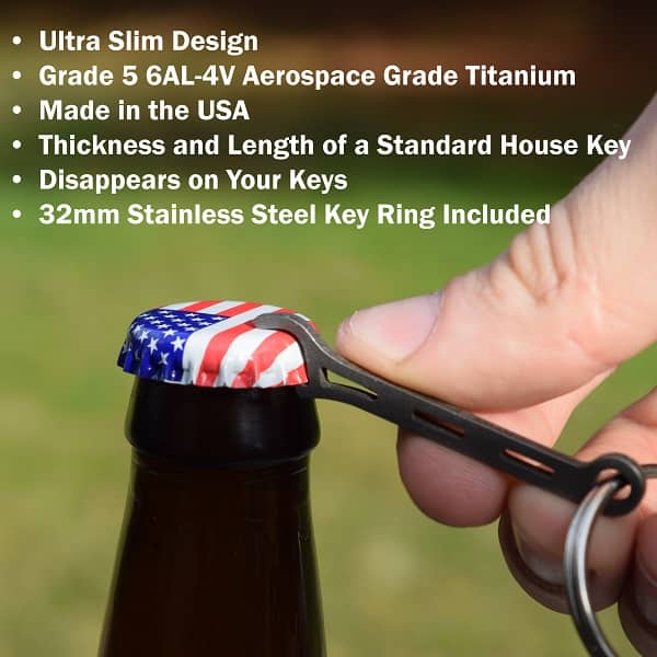 Brew Soldier bottle opener made from Grade 5 titanium, designed to blend with your keyring for discreet everyday carry (EDC) and built for durability and strength.