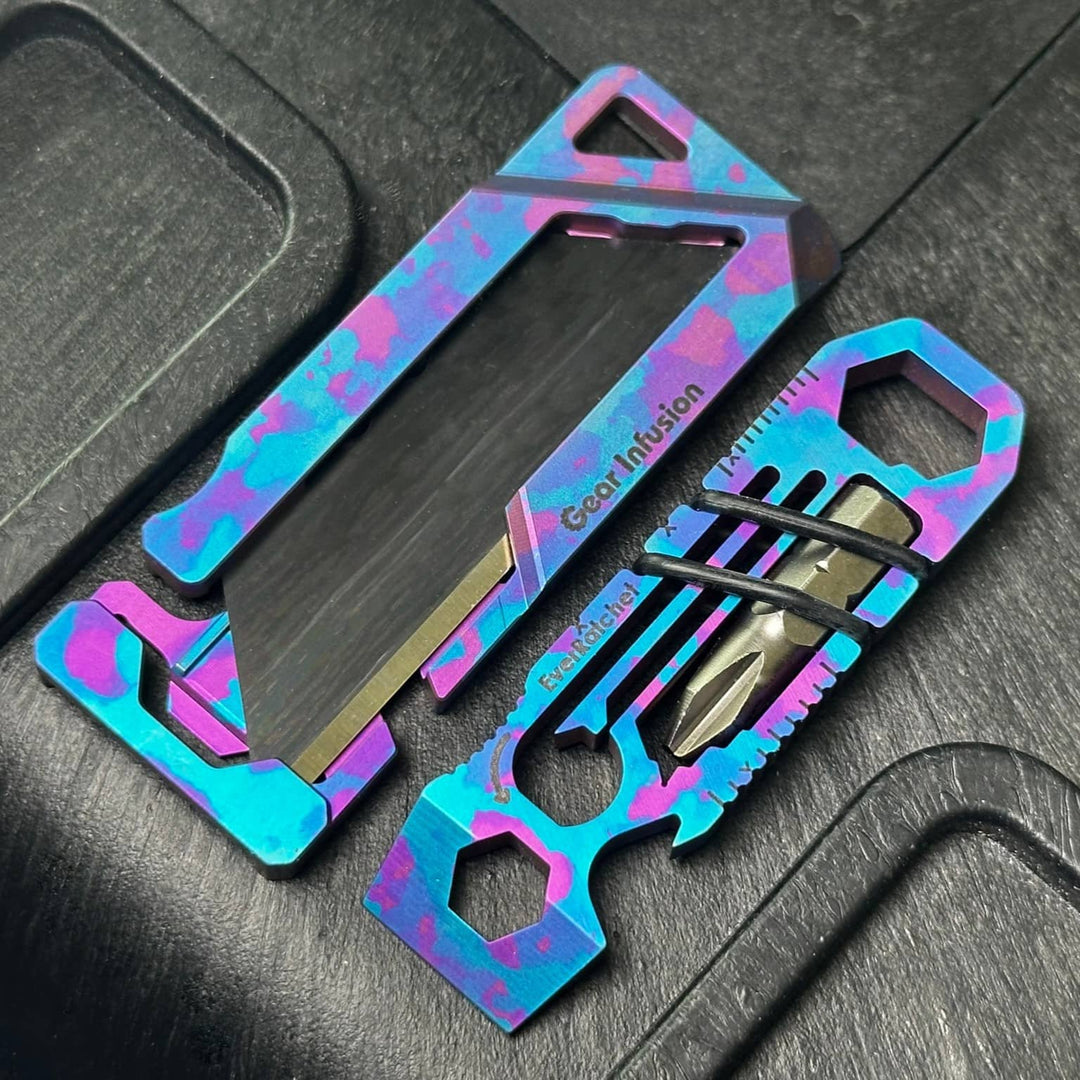 Triple anodized titanium multi-tool with unique purple and blue camo design, featuring a handcrafted layered finish, precision anodizing, and collector’s edition quality.