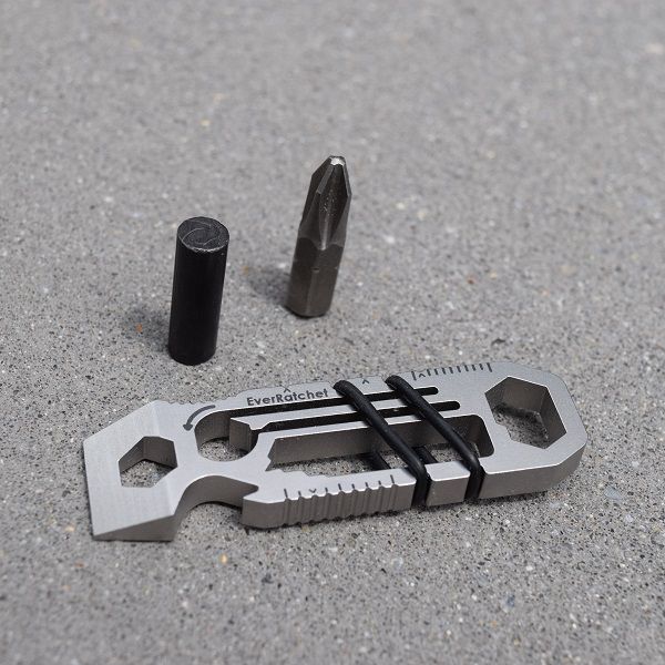 EverRatchet multi-tool with dynamic ratcheting beam, reversible functionality, and Flint2Go fire flint, designed for everyday carry (EDC) and outdoor use.